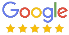 Google logo with five gold stars representing positive customer reviews