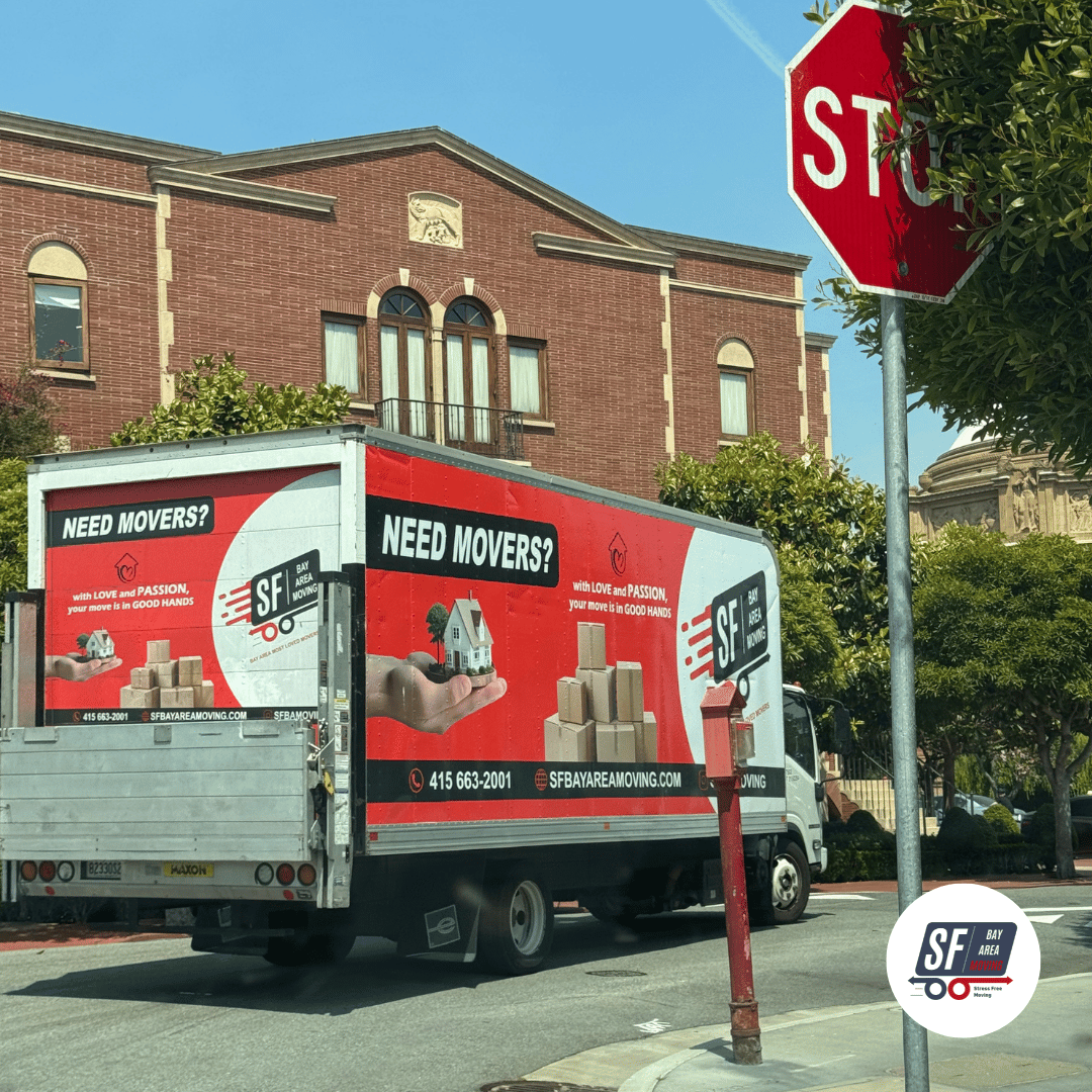 SF Bay Area Moving truck driving through an urban residential area
