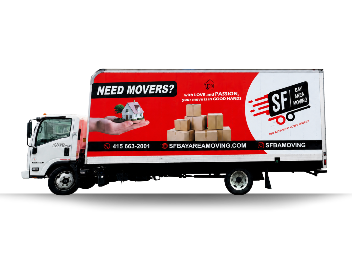 SF Bay Area Moving truck with the Need Movers? wrap and phone number on the side